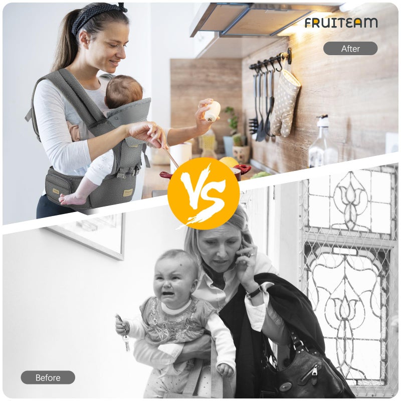 FRUITEAM 6-in-1 Baby Carrier with Waist Stool/Hip Seat, One Size Fits All -Adapt to Newborn, Baby Hip Carrier for Breastfeeding, Infant & Toddler, Dark Grey - Image 4